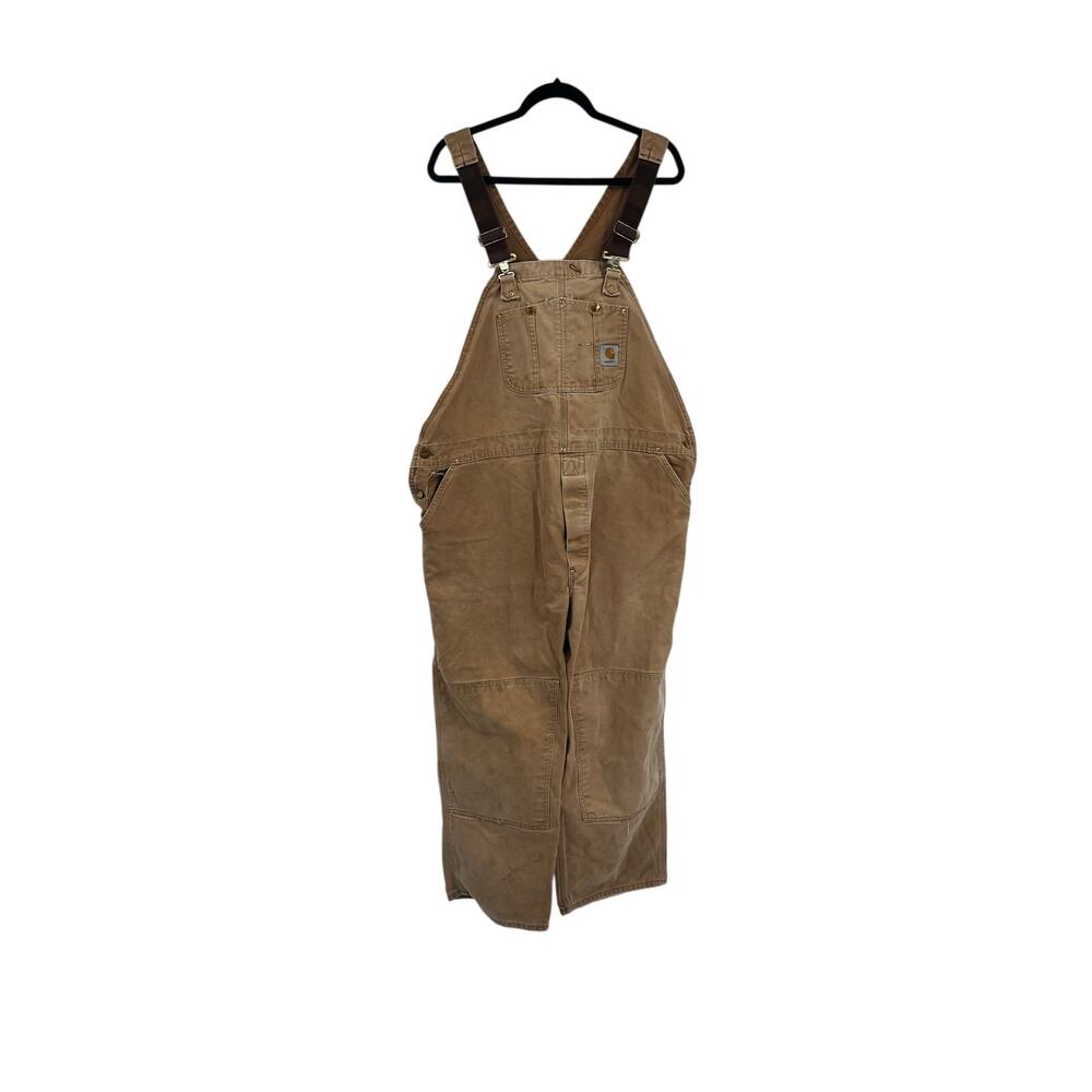 Vtg Carhartt R01BRN Made in USA Carpenter Double Knee Duck Bib Overalls 48x30